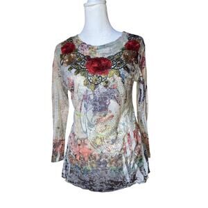 Beautiful Vintage Floral Abstract Mesh Top | Y2K Long Sleeve | Size S